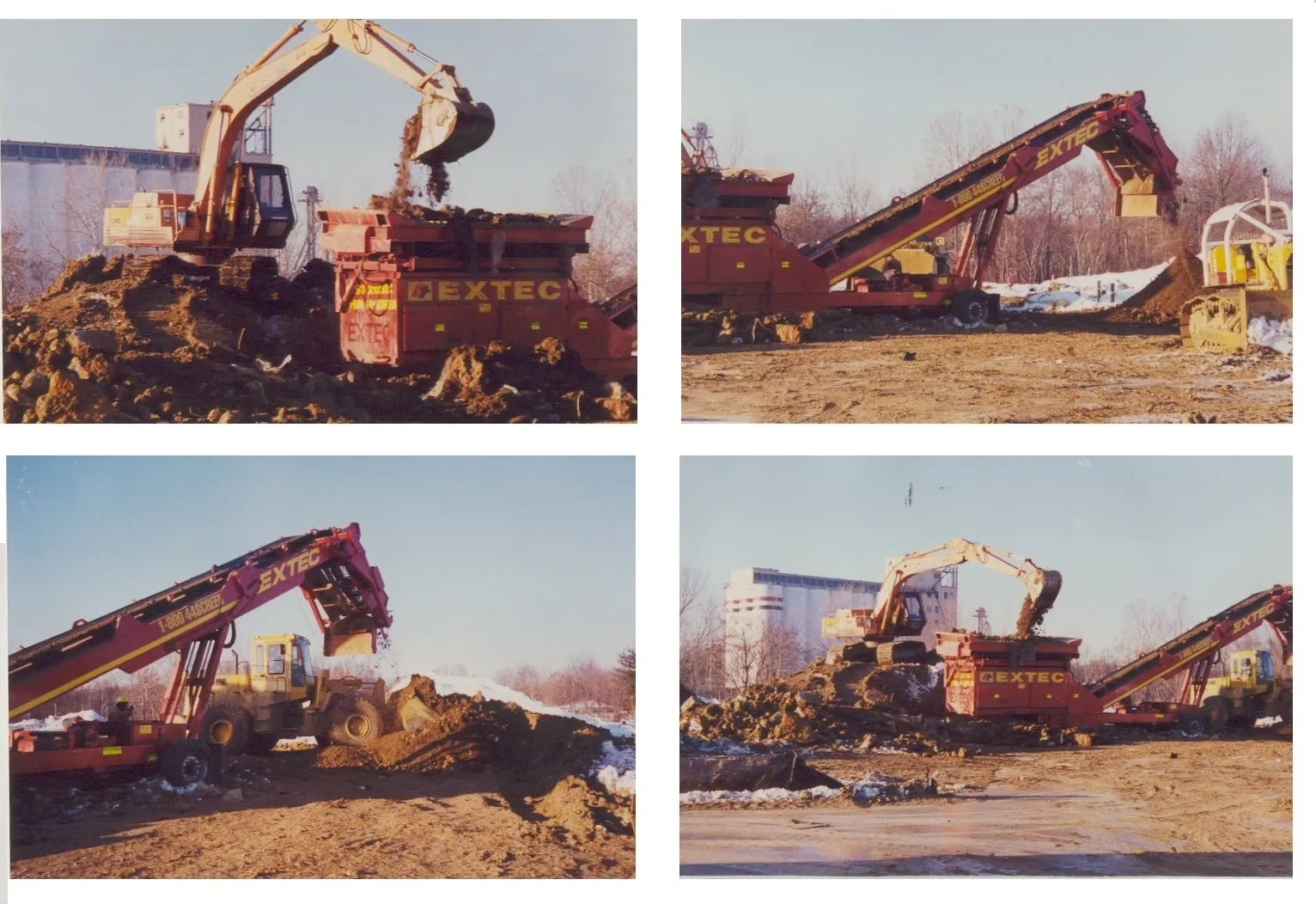 Four images of EXTEC machinery working on a dirt pile outdoors.